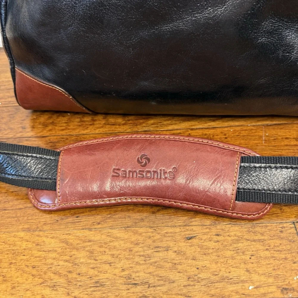 Vintage Samsonite Black Leather Travel Business Tote Bag With Shoulder Strap